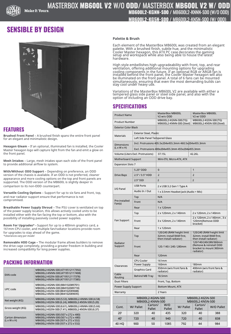 Page 1 de la notice Fiche technique Cooler Master MasterBox MB600L V2