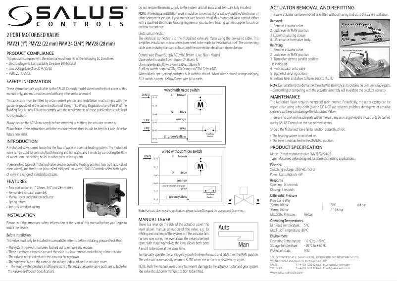 Page 1 de la notice Manuel utilisateur Salus PMV28