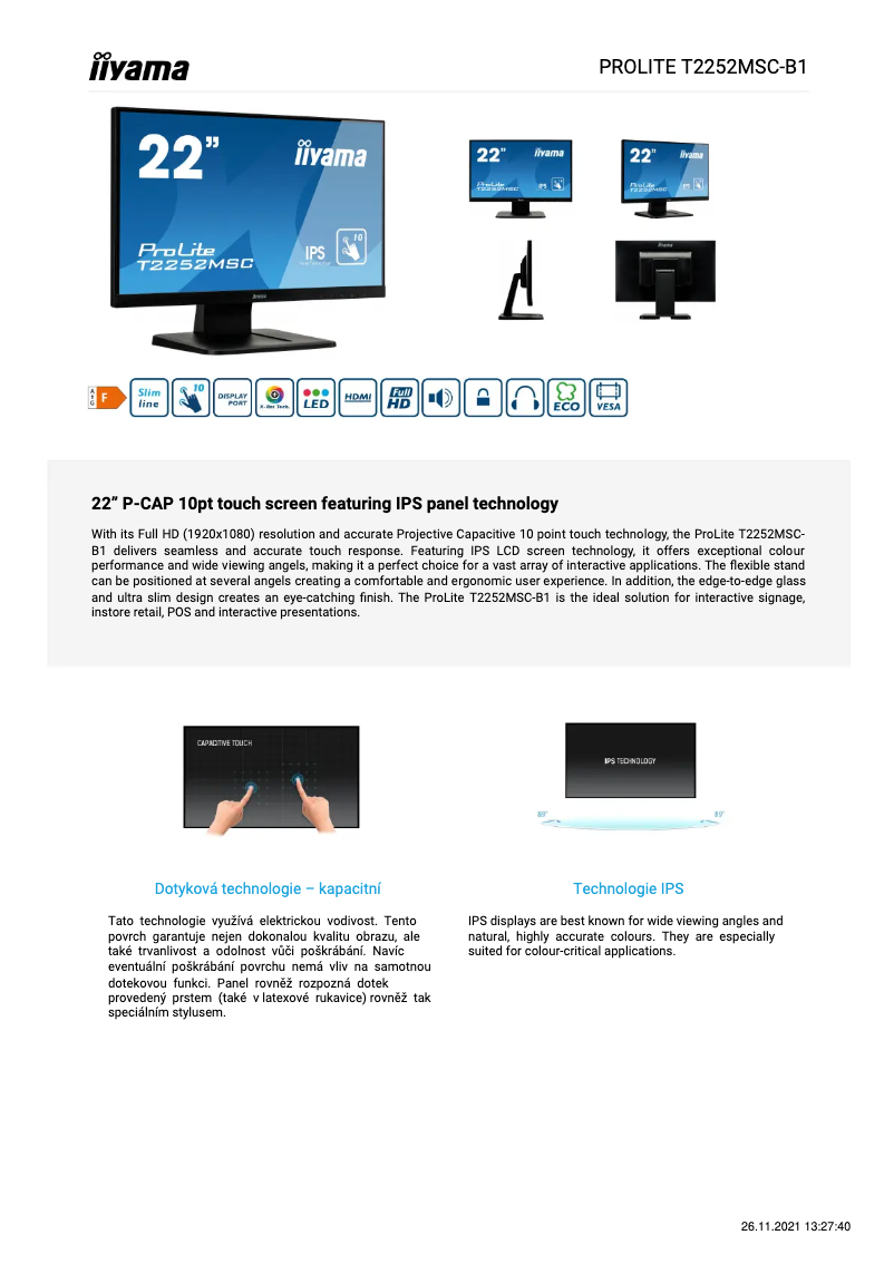 Page 1 de la notice Fiche technique Iiyama ProLite T2252MSC