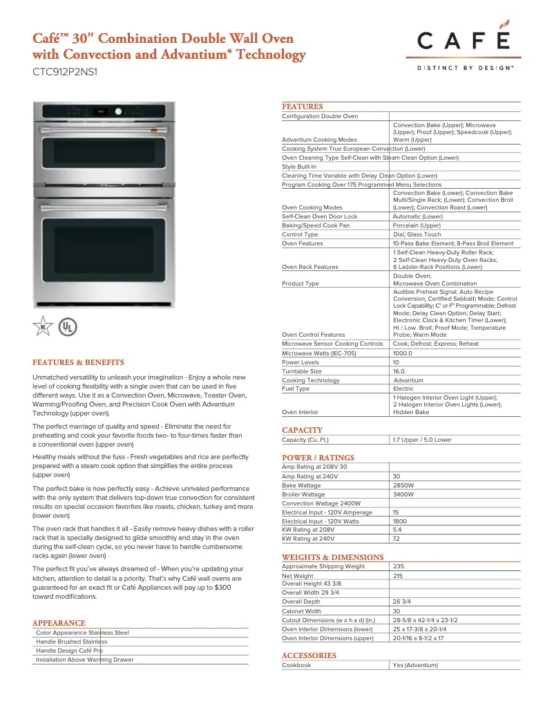 Page 1 de la notice Fiche technique GE CTC912P2NS1