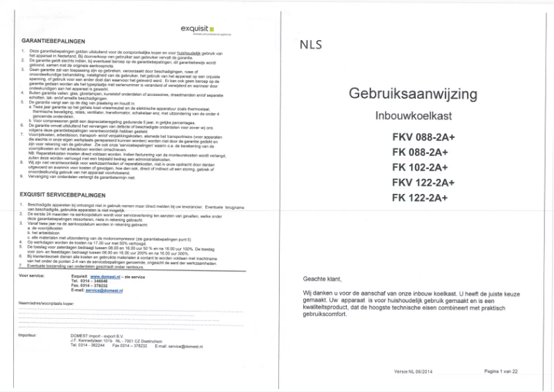 Page 1 de la notice Manuel utilisateur Exquisit FKV102-2A