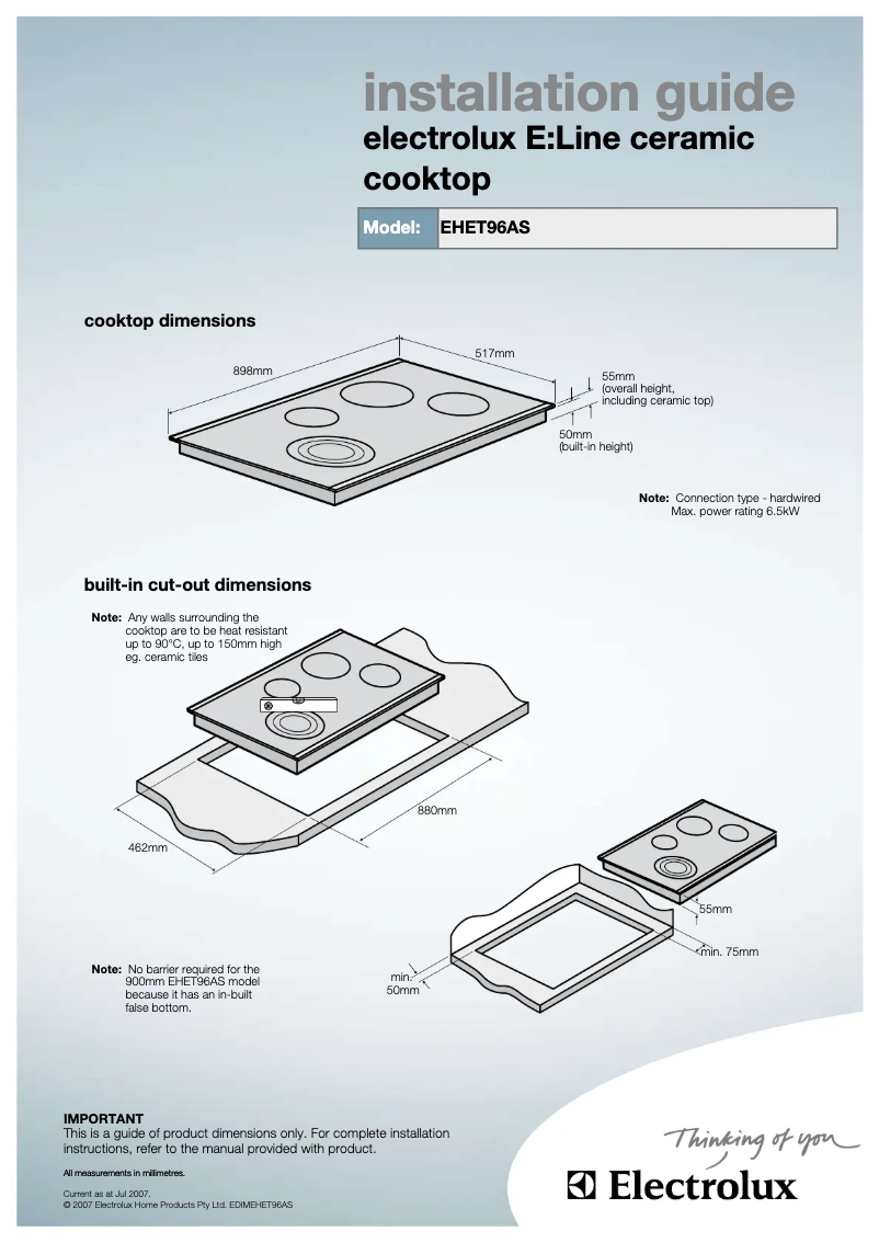 Page 1 de la notice Guide d'installation Electrolux EHET96AS