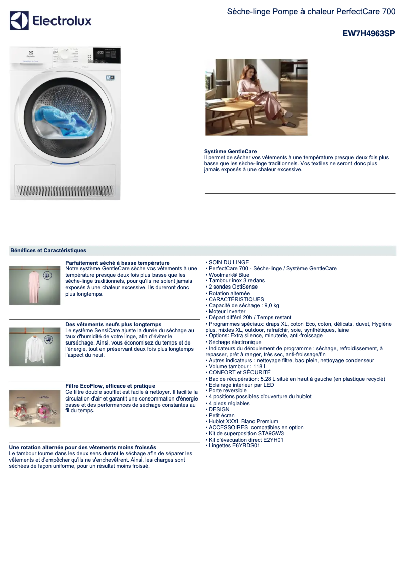 Page 1 de la notice Fiche technique Electrolux EW7H4963SP