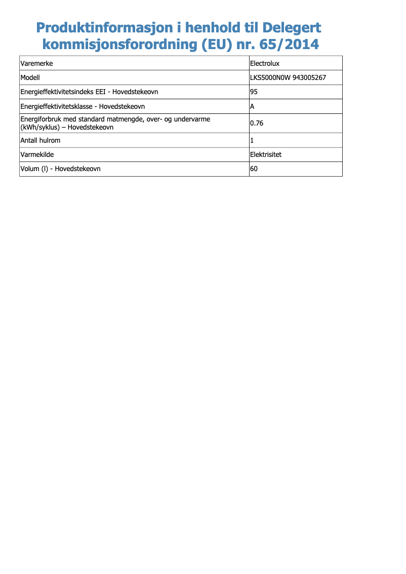Page n°1 - Fiche technique Electrolux LKS5000N0W