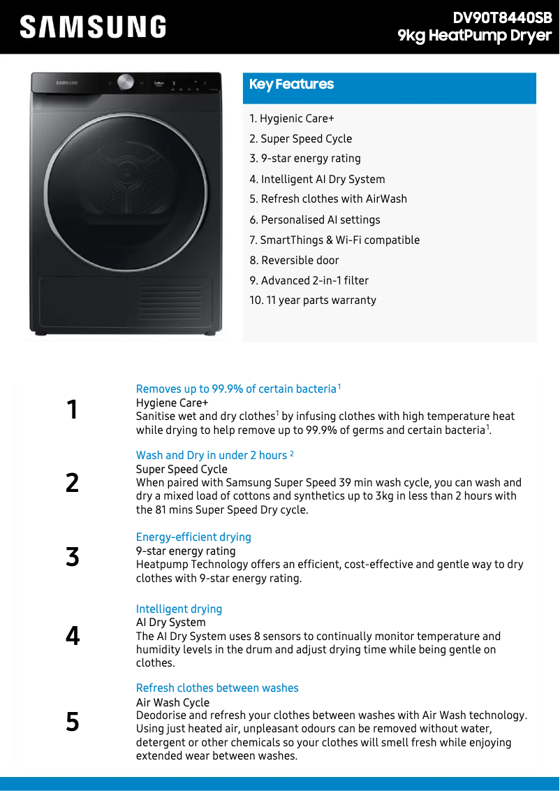 Page n°1 - Fiche technique Samsung DV90T8440SB