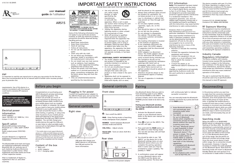 Page n°1 - Manuel utilisateur Acoustic Research ARS15