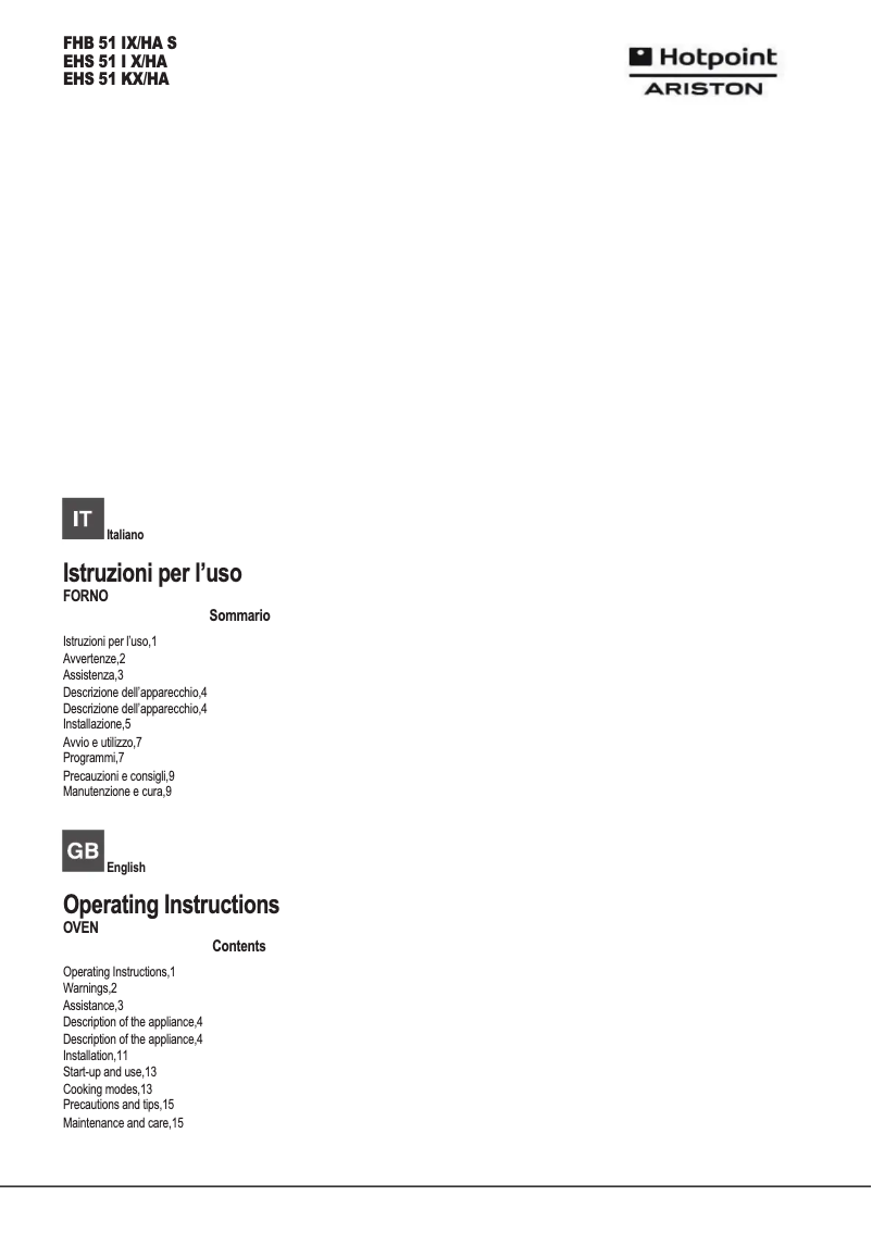 Page 1 de la notice Manuel utilisateur Hotpoint Ariston EHS 51 KX/HA