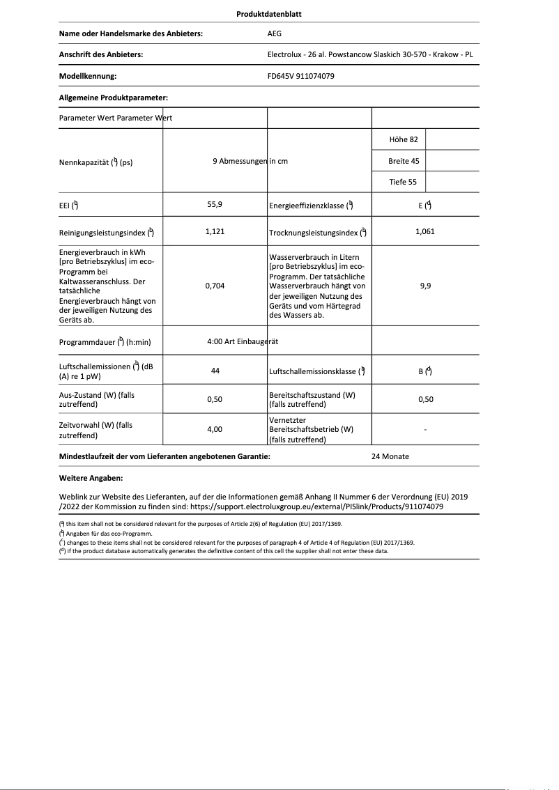 Page 1 de la notice Fiche technique AEG FD645V