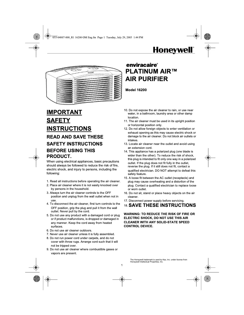 Image de la première page du manuel de l'appareil Platinum Air 16200