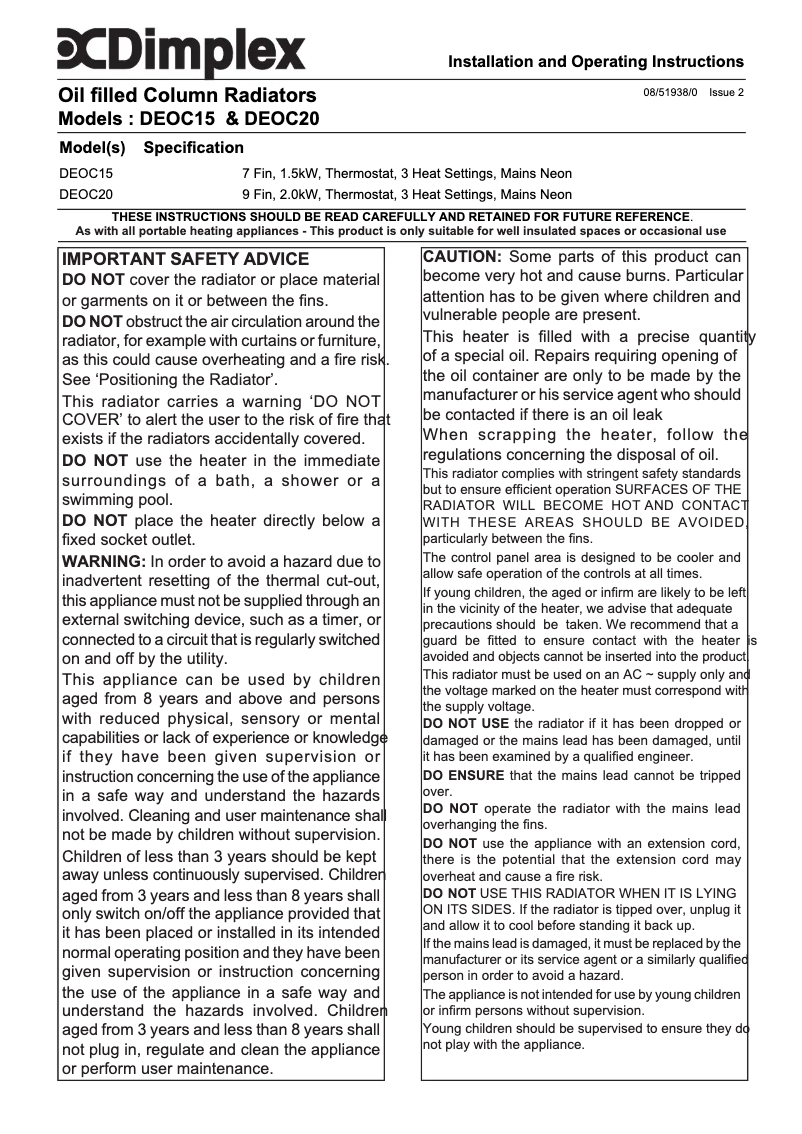 Page 1 de la notice Manuel utilisateur Dimplex DEOC20