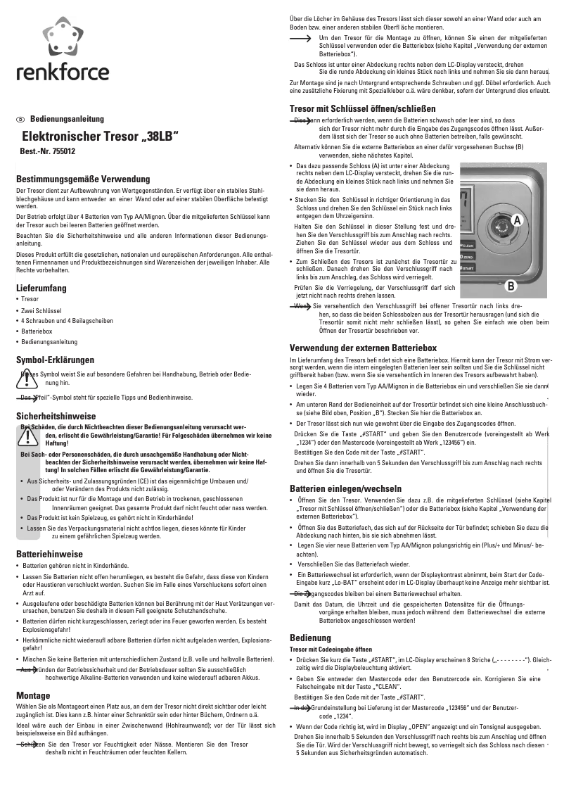 Page 1 de la notice Manuel utilisateur Renkforce Electronic Safe 38LB