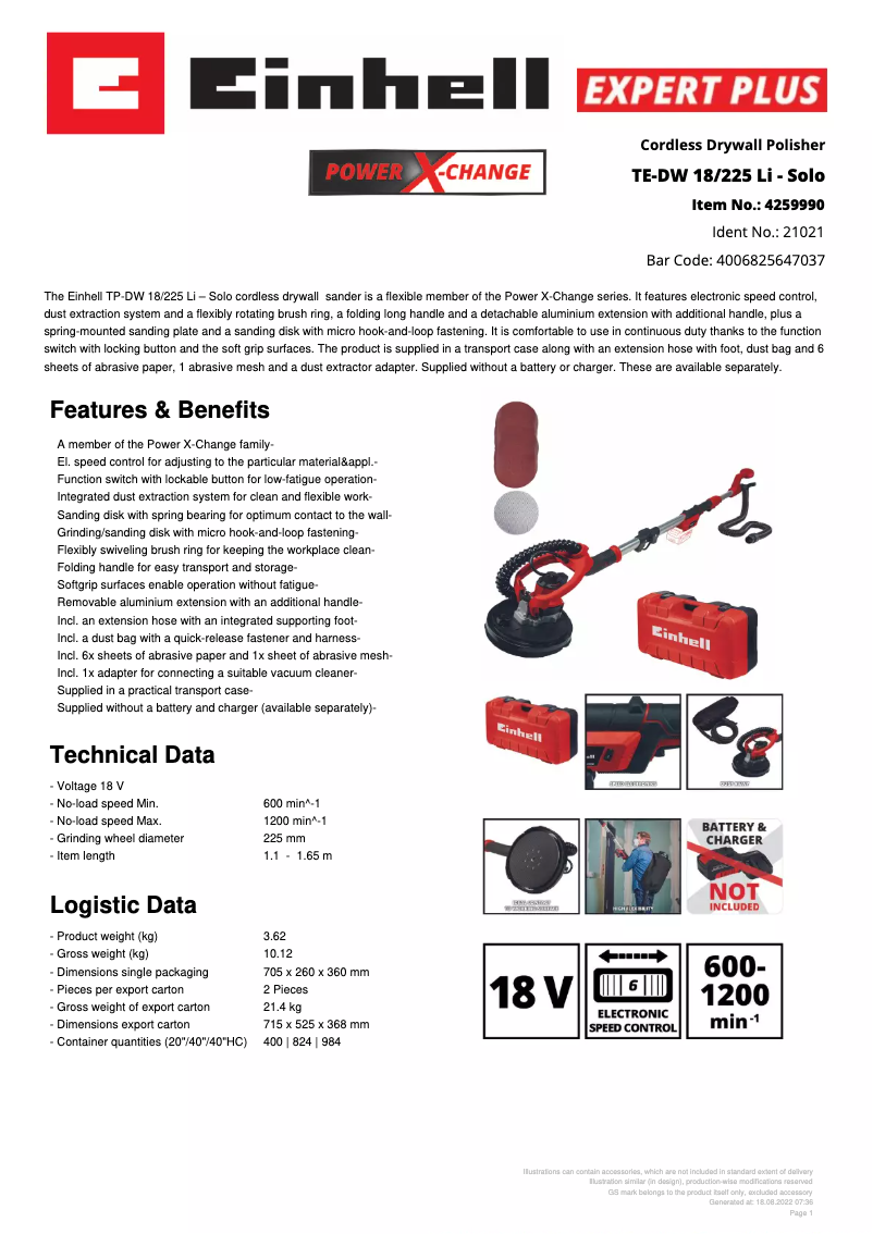 Page n°1 - Fiche technique Einhell TP-DW 18/225 Li