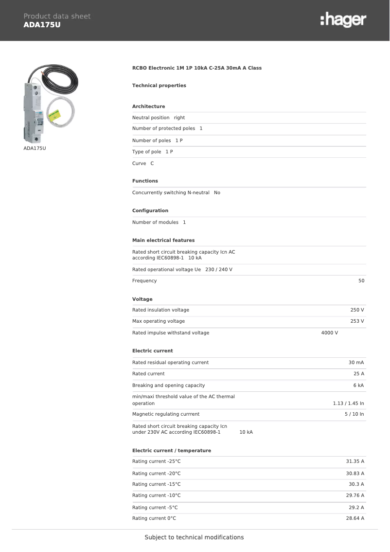 Page 1 de la notice Fiche technique Hager ADA175U