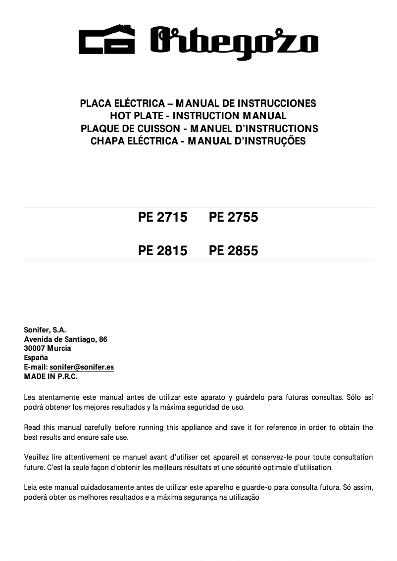 Page n°1 - Manuel utilisateur Orbegozo PE 2815