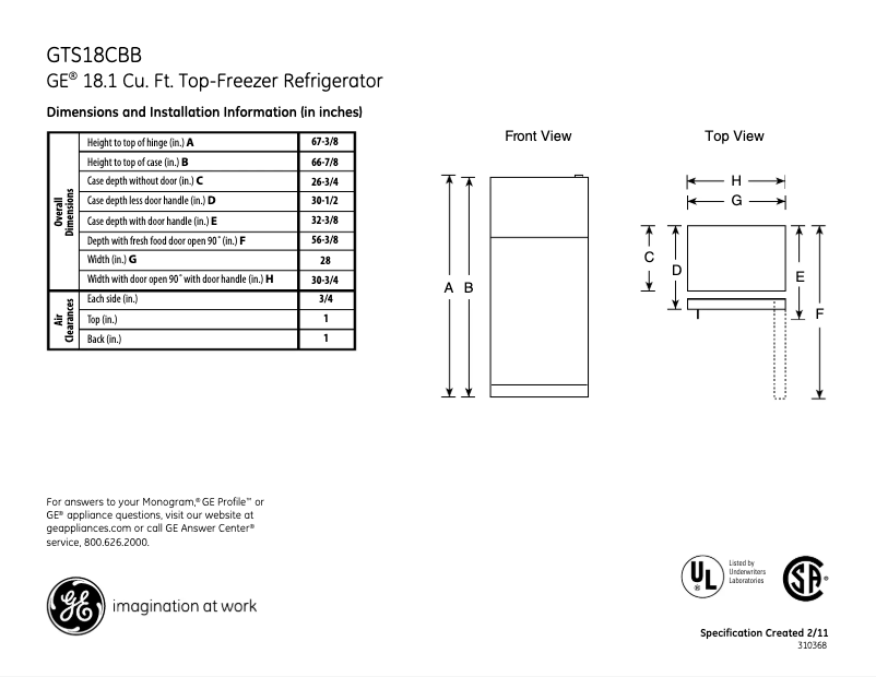 Page 1 de la notice Fiche technique GE GTS18CBBWW