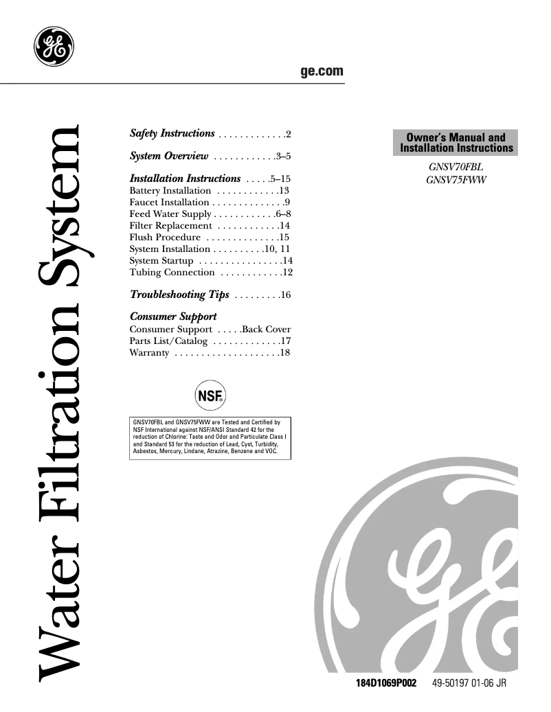 Page 1 de la notice Guide d'installation GE GNSV70FBL