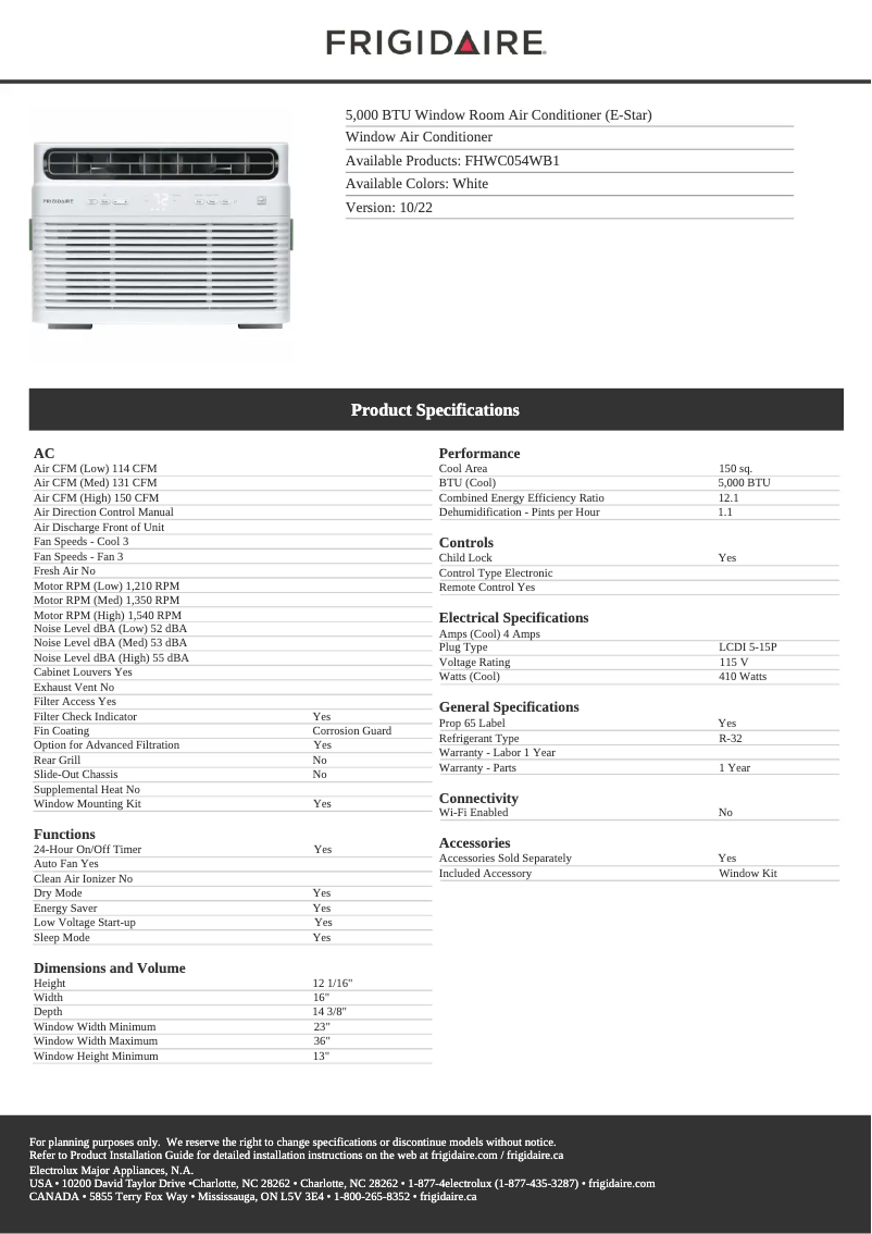 Page n°1 - Fiche technique Frigidaire FHWC054WB1