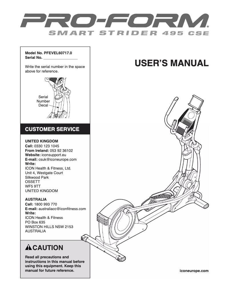 Page n°1 - Manuel utilisateur ProForm Smart Strider 495 CSE