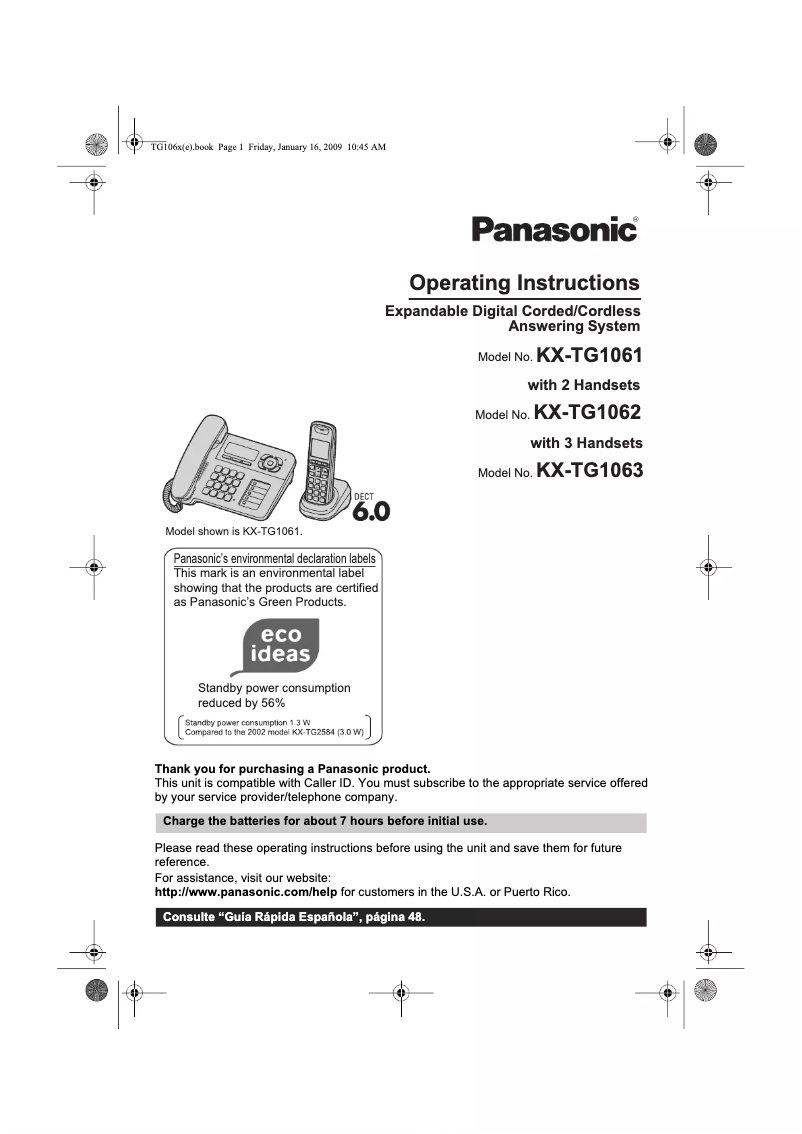 Page 1 de la notice Manuel utilisateur Panasonic KX-TG1064