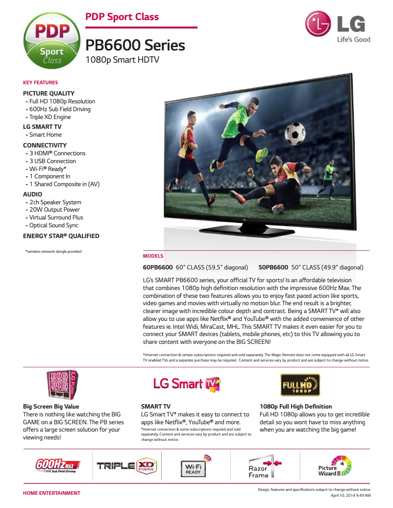 Page 1 de la notice Fiche technique LG 60PB6600