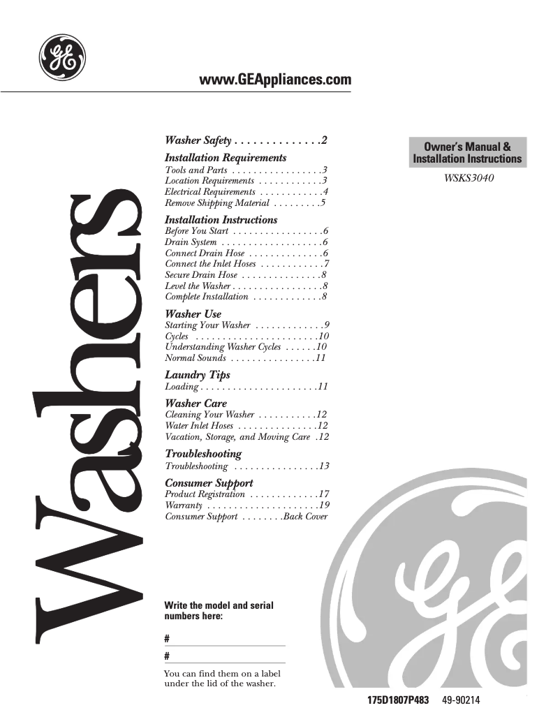 Page 1 de la notice Guide d'installation GE WSKS3040EWW