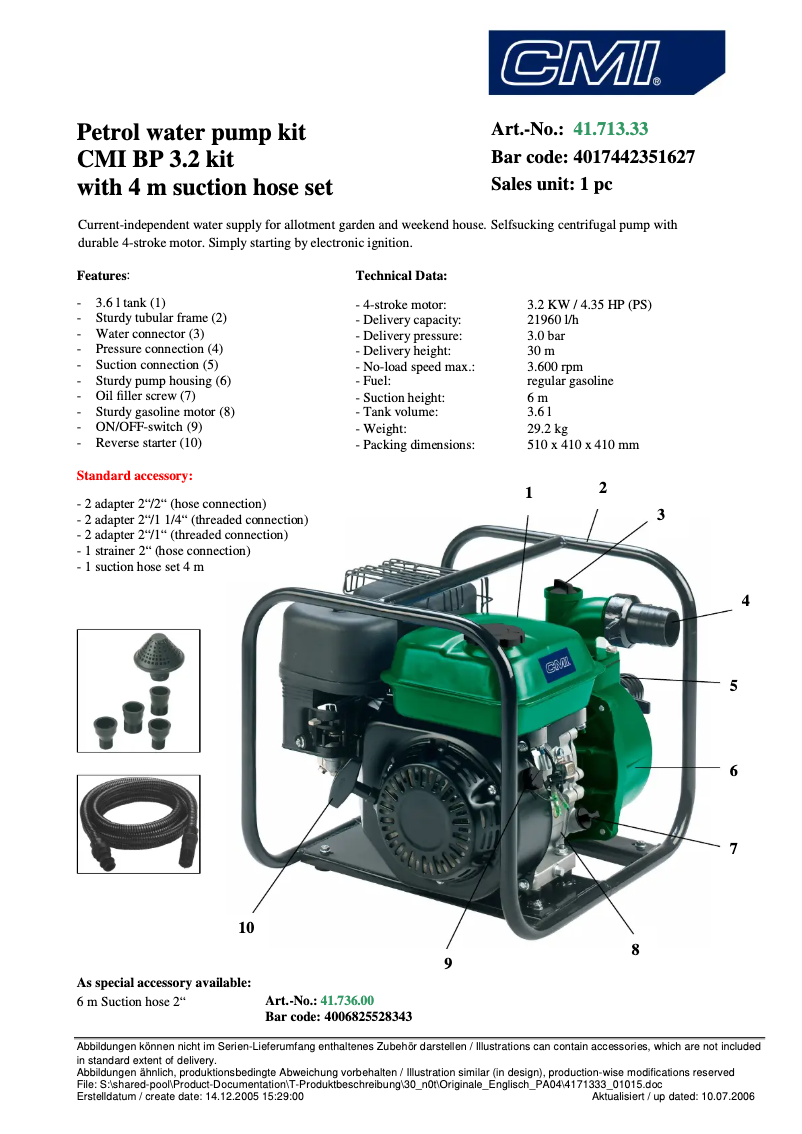 Page 1 de la notice Fiche technique CMI BP 3.2