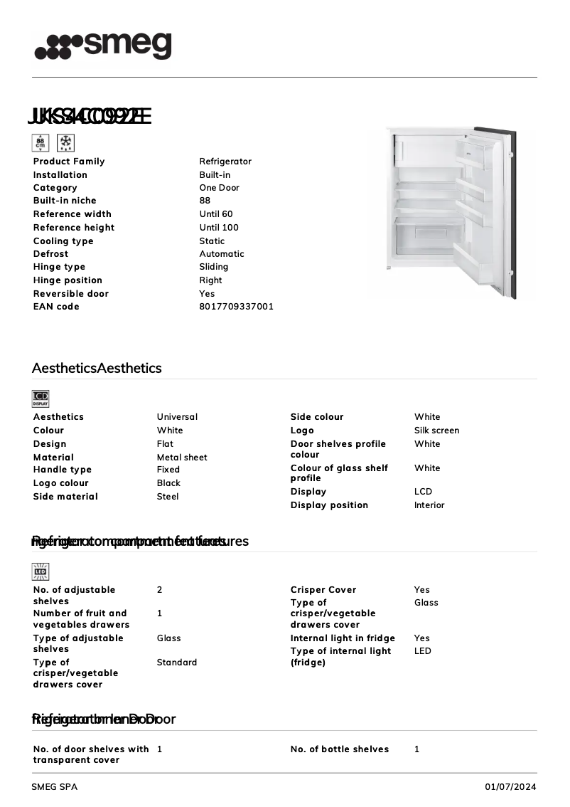 Page n°1 - Fiche technique Smeg UKS4C092E