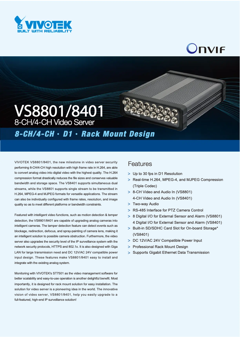Page 1 de la notice Fiche technique Vivotek VS8401