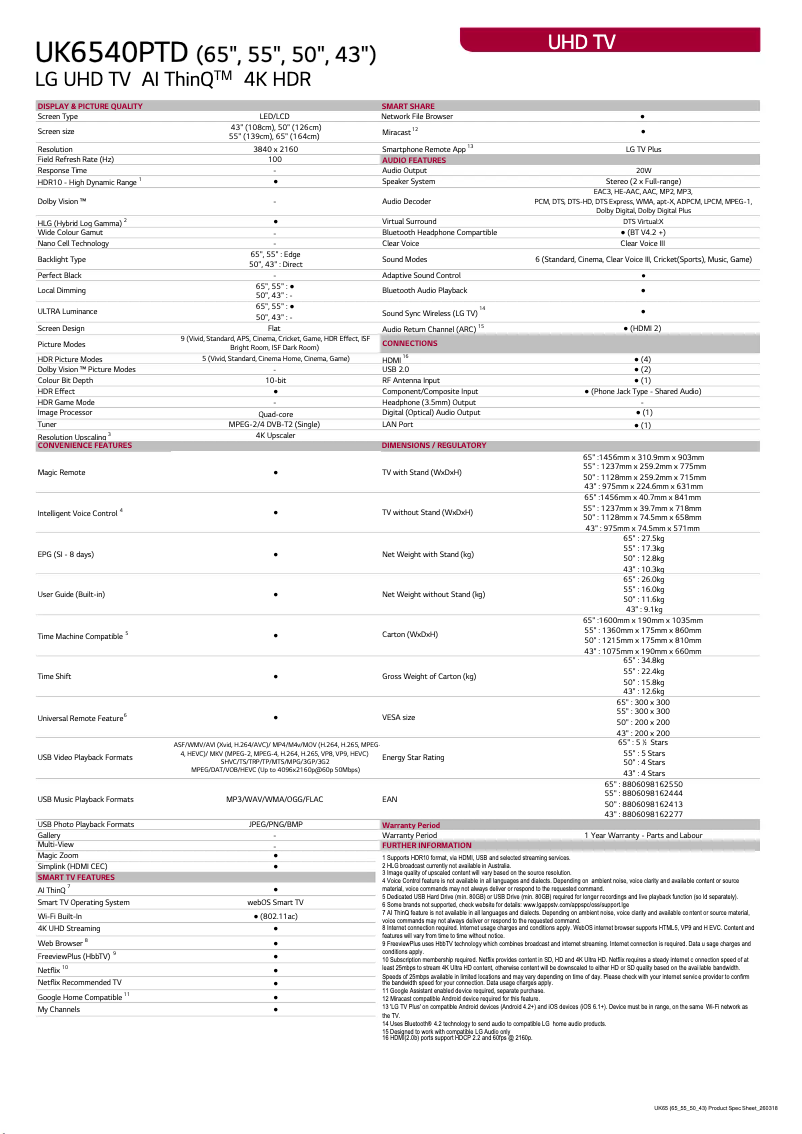 Page n°1 - Fiche technique LG 55UK6540PTD