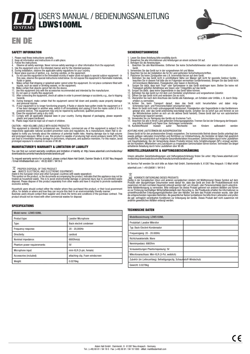 Image de la première page du manuel de l'appareil WS 100 ML