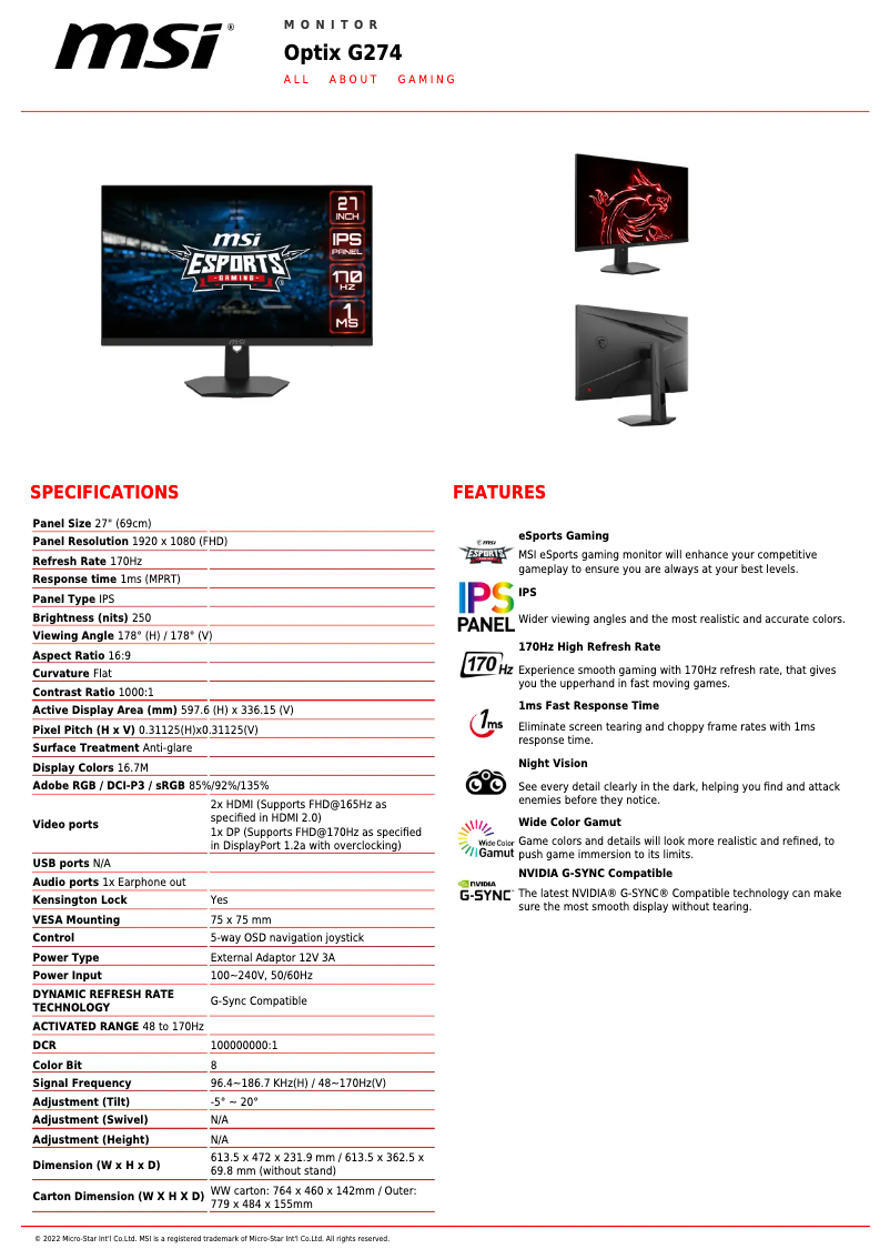 Imagen de la primera página del manual del dispositivo Optix G274