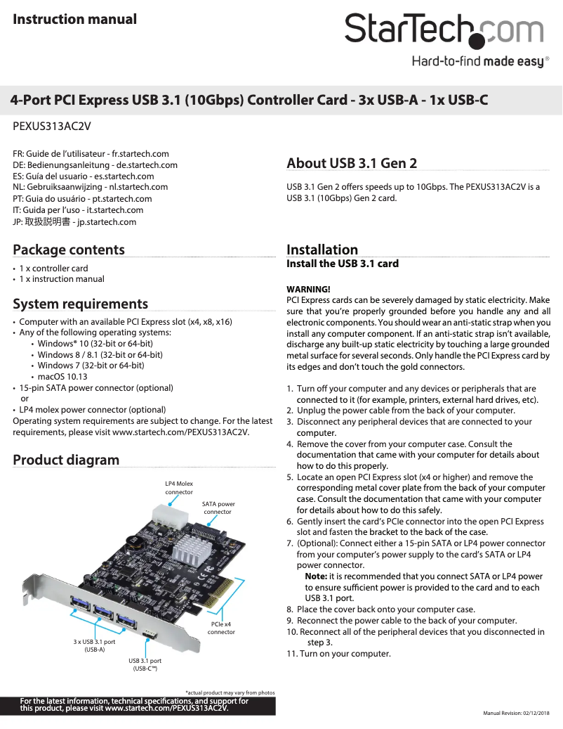 Page n°1 - Manuel utilisateur StarTech.com PEXUS313AC2V