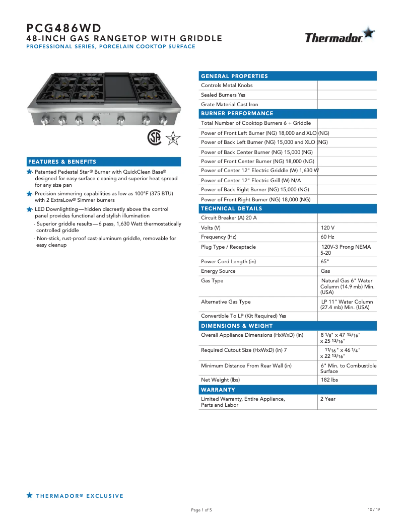 Page 1 de la notice Fiche technique Thermador PCG486WD
