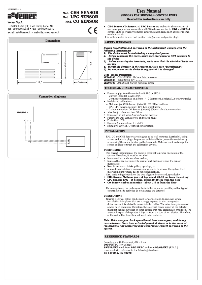 Page 1 de la notice Manuel utilisateur Vemer LPG Sensor
