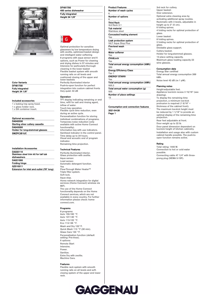 Page 1 de la notice Fiche technique Gaggenau DF481700