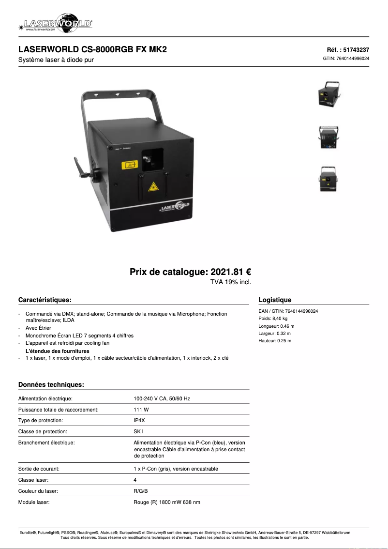 Page 1 de la notice Fiche technique Laserworld CS-8000RGB FX