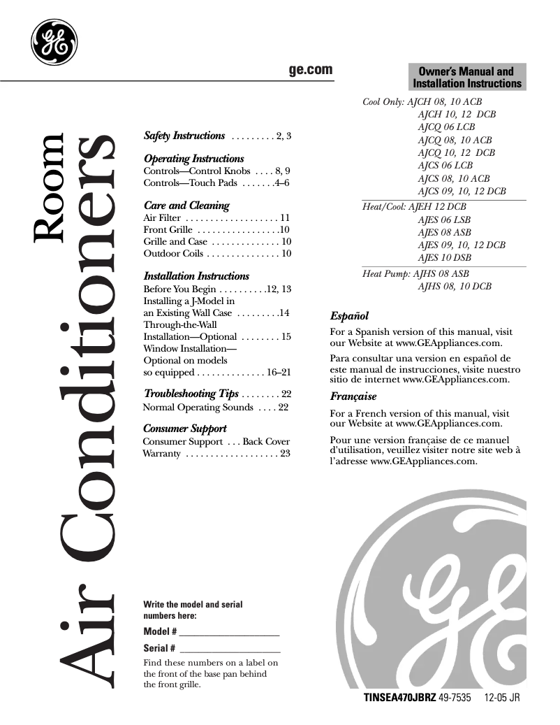 Page 1 de la notice Manuel d'utilisation et d'entretien GE AJCS12DCA