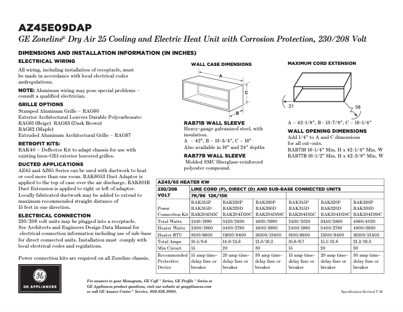Page 1 de la notice Fiche technique GE AZ45E09DAP