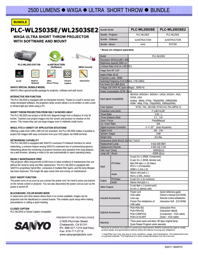 Page n°1 - Manuel utilisateur Sanyo PLC-WL2503SE2