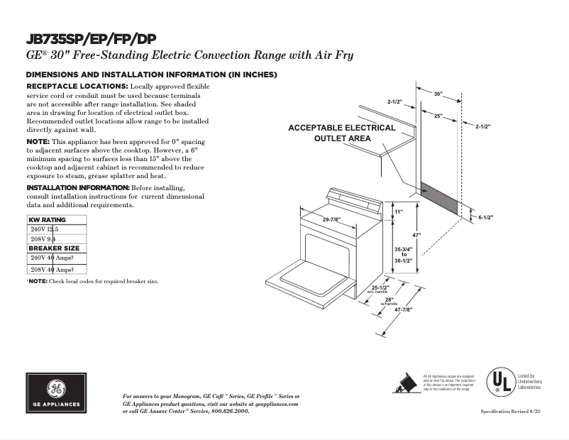 Page 1 of the manual Technical Sheet GE JB735SPSS