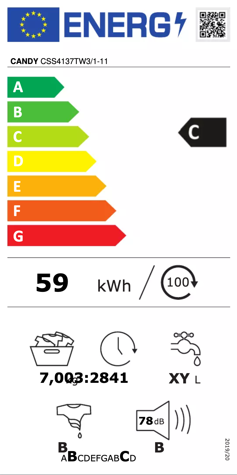Page 1 de la notice Label énergétique Candy CSS4137TW3/1-11