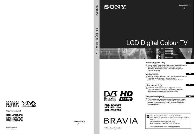 Page 1 de la notice Manuel utilisateur Sony Bravia KDL-32U2000