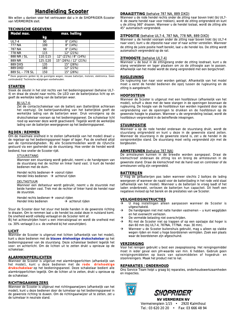 Page 1 de la notice Manuel utilisateur Shoprider 889 NR