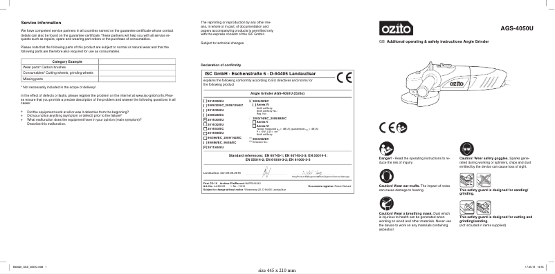 Page 1 de la notice Manuel utilisateur Ozito AGS-4050U