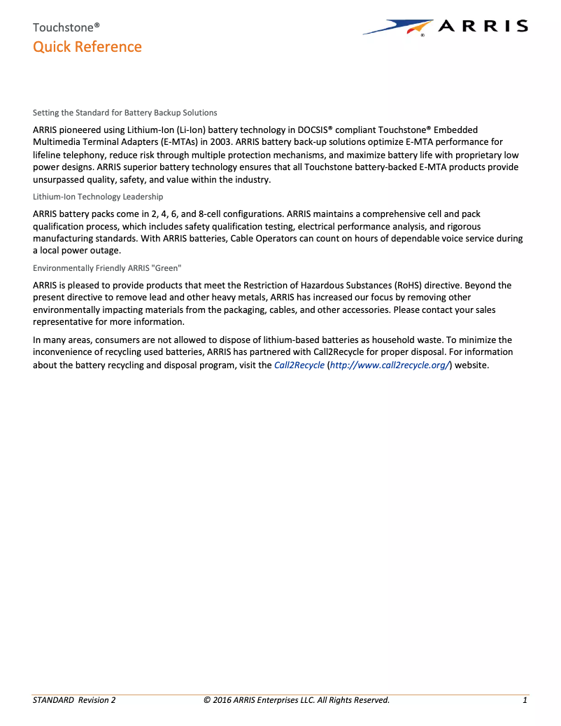 Page 1 de la notice Manuel utilisateur Arris Touchstone BPB022S