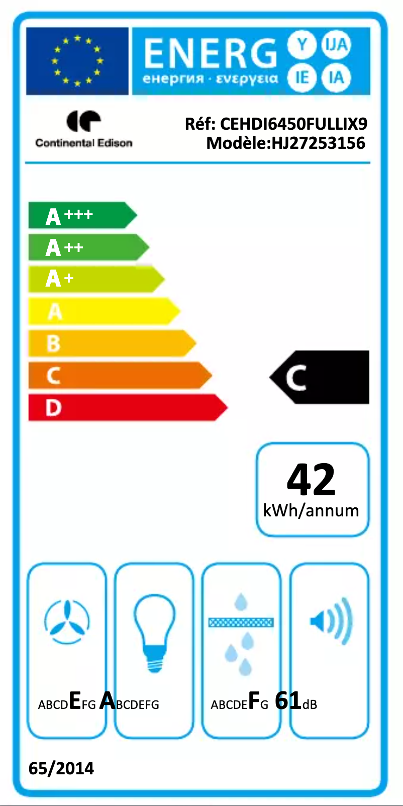 Page 1 de la notice Label énergétique Continental Edison CEHDI9450FULLIX9