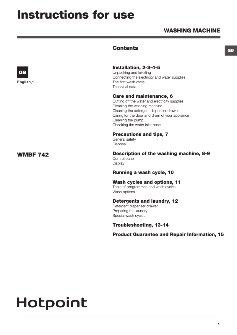 Page 1 de la notice Manuel utilisateur Hotpoint WMBF 742P UK.M