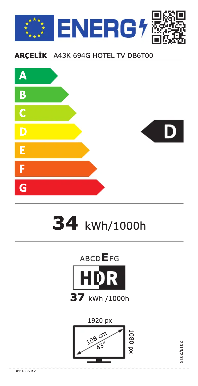 Page n°1 - Label énergétique Arçelik A43K 694G HOTEL TV