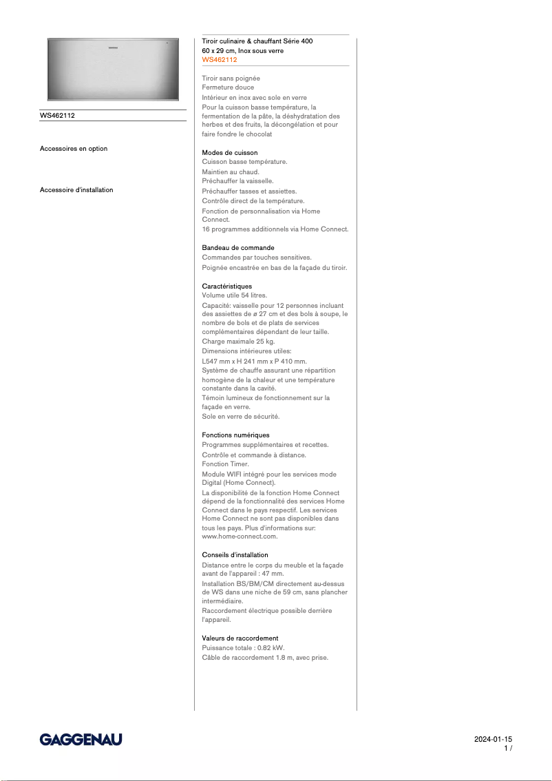 Page 1 de la notice Fiche technique Gaggenau WS462112