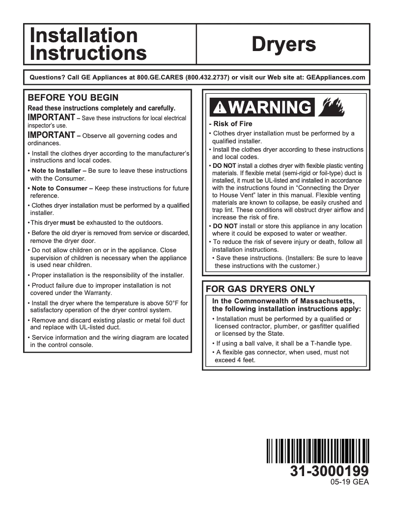 Page 1 de la notice Guide d'installation GE GTD84GCPNDG